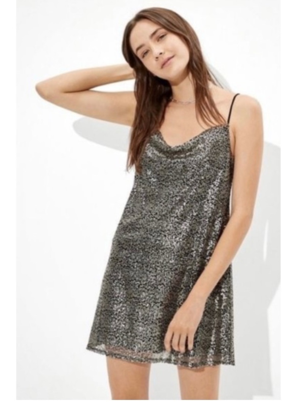 American Eagle Sequin Cowl Neck Sleeveless Mini Dress Party Silver Medium